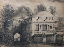 Dessin Ancien, Porte De Ville, Architecture, Craie Noire, XIXe