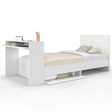 Lit simple OMAHA 90 x 190 cm avec sommier, tête de lit, bureau et rangements bla