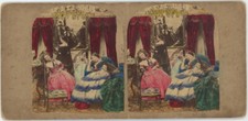 Stéréo Gaudin colorisée circa 1860. Scène de genre. Femmes en robe. Miroir.