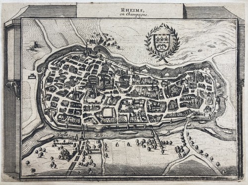 Gravure carte plan vue rheims - gravure,