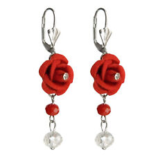 Boucles d'oreilles pendantes roses rouge - dormeuses inox argenté
