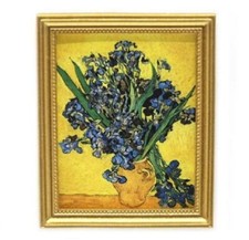 Poupées Maison Bleu Iris En Vase Image Peinture Cadre Doré Accessoire Miniature