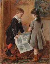Albert ROOSENBOOM (1845-1875) - Deux enfants à la lecture,frere et soeur