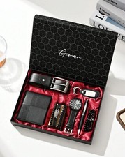 Coffret Noir Cadeau Homme De Noël Montre Ceinture Portefeuille Bijoux Porte-clés