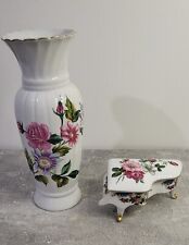 Ensemble Vase Et Boite En Céramique Motif Fleural Vintage 