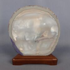 Tranche De Pierre D'Agate Naturelle Sur Base En Bois Objet Décoratif Vintage