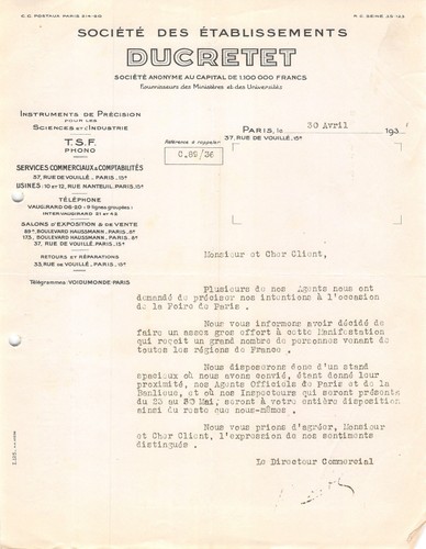 1930 etab ducretet paris - ducretet,