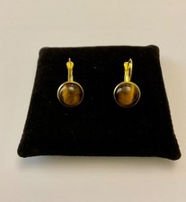 ANCIENNES  BOUCLES D'OREILLES PLAQUÉ OR  -  PIERRE OEIL DE TIGRE  VÉRITABLE