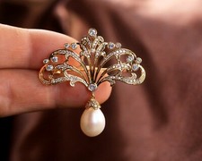 Broche Eventail Dentelle Perle de Culture Goutte Belle Epoque Style Plaqué XZ20