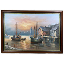 Max Savy, Superbe Tableau à L'huile sur Toile Port Maritime au Coucher du Soleil