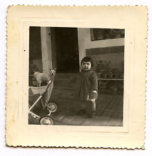 Petite fille + poussette + chien blanc - photo ancienne an. 1950