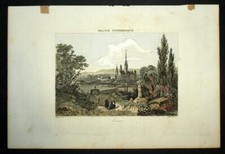 VUE DE LA VILLE D'ÉVREUX Tirage gravure du 19eme siècle rehaussée à l'aquarelle.