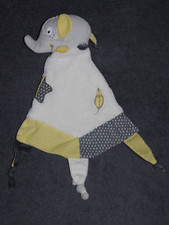?Doudou Plat Eléphant SAUTHON Babyfan Blanc Gris Feuille Jaune TTBE