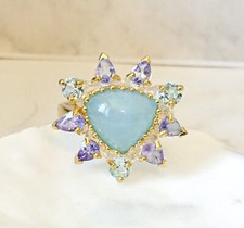 Bague Création, Pierre Aigue-marine, Tanzanite, Topaze bleue sur argent 925