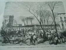 Gravure 1870 - Espagne Insurgés barricades dans villa du marquis de Cruilles 