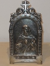 Oratoire De Chevet/H.18,5cm/SACRE CŒUR DE JESUS/METAL ARGENTÉ/XIXÈME/ICONE/CROIX