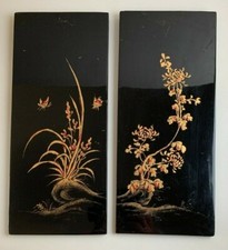 DIPTYQUE PEINTURE FLORALE DOREE SUR PANNEAU LAQUE NOIR - STYLE ASIATIQUE