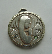 Ancienne MEDAILLE religieuse NOTRE DAME de LOURDES Métal argenté Strass