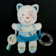 R5. DOUDOU PELUCHE NICOTOY CHAT blanc vert bleu voiture auto 23cm - ETAT NEUF*