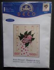§ ancien kit point de croix compté DMC : bouquet de roses toile lin et perles