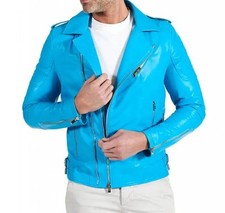 Veste bleu clair pour homme Abez motard moto coureur café cuir d'agneau...