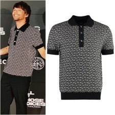 Rare & Great Balmain AW23 Monogram Wool & Linen Polo Shirt In Ivory/Black XXXL