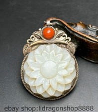 2" Chinese Natural Hetian White Jade Carve Inlay Silver Sunflower Amulet
