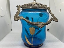 ANCIEN SEAU POT A Biscuits EN  VERRE azur décor fleurs dorées