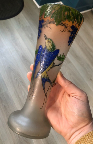 Vase verre émaillé signé - verre,