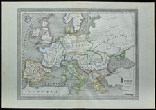 1850ca - Carte de l'Europe ancienne - Carte géographique ancienne - Rare