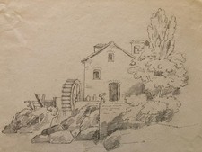 Beau Dessin XIXe Crayon Prosper Barbot Art Ancien Tampon Paysage Maison Moulin