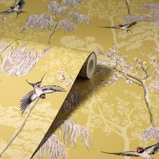 Papier Peint Arthouse Japonais Oriental Jardin Ocre 908002 Arbres Fleurs Oiseaux