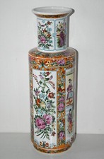 Ancien grand vase rouleau céramique chinoise asiatique rose canton vintage 45cm