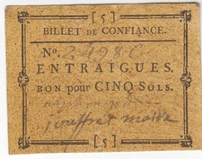 ENTRAIGUES - Billet de Confiance 5 Sols - 1792 - Kc.13.047b var - RARE