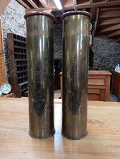 Paire d'obus Ciselés Objet de poilu À Décor De Fleurs Art de tranchées WW1 14 18