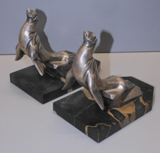 - BELLE PAIRE SERRE LIVRES OTARIES Signés H.MOREAU Régule Argenté Marbre Noir  D