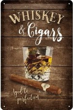 PLAQUE EN MÉTAL VINTAGE WHISKY ET CIGARES 30 X 20 CM 