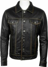 Veste vintage camionneur noire pour homme en cuir d'agneau véritable souple...