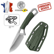 Couteau de Cou EDC Survie Lame Fixe Acier | Étui Kydex Kaki + Chaîne | Survie