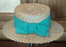 Ancien Chapeau Canotier Paille Ruban Vert Accessoire Costume D Epoque Vintage 
