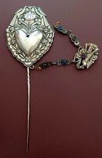 XIXème Épingle de Cape mariage? cœur oiseau Argent Massif Amérique du Sud Pérou