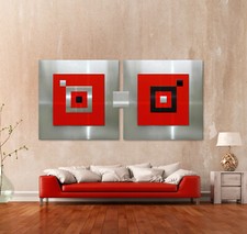 Original Abstrait Métal Image Design Moderne Noir Sur Canapé Rouge Argent Unique