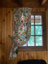 rideau tenture écrue fleurie vert/rose 138x220cm+ambrasse tressée verte, doublé