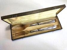 ANTIQUE FRENCH SALAD SERVICE SET SPOON FORK  / SOLID SILVER / HORN