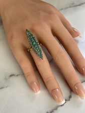 Bague “cocktail” vintage navette, cabochons de turquoise, or 14k gold ring