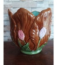 Cache pot en Barbotine d'Onnaing - Décor de tulipes - Art Nouveau