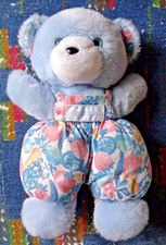 KB1/ DOUDOU PELUCHE VINTAGE NOUNOURS OURS GRELOT BLEU imprimé fruit légume TTBE