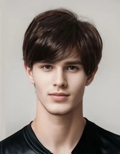 Perruque Homme Marron Brune Courte Wig Synthétique Texturé A Frange