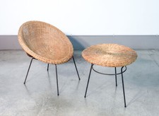 ⚜️ Chaise Petite Table Café Mid Century Osier Rotin Italie Vintage 1960S