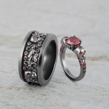 Vampire Tête de Mort Mariage Bague Parure Couple Grenade Fleur Lis Gothic Bronze